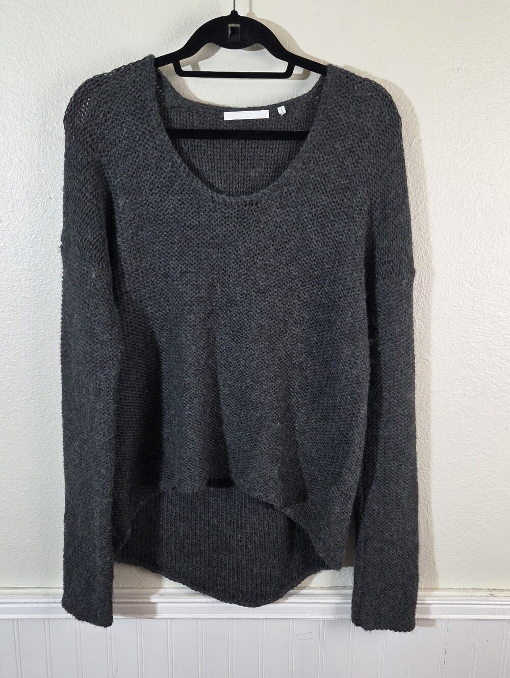 Helmut Lang Sweater Womens L Gray Alpaca Merino Wool Knit Hi Low Pullover